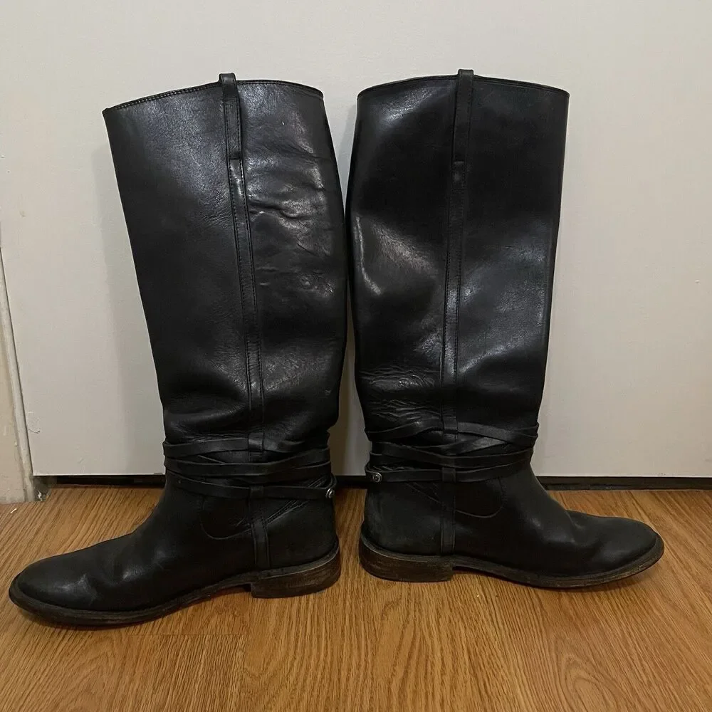 FRYE Leather Black Knee high Riding Western country boots US 7 -77754 4003
